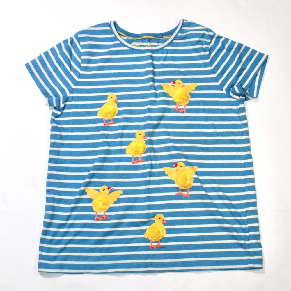 Mini Boden Blue & White Striped Tee with Yellow Chick Appliqués